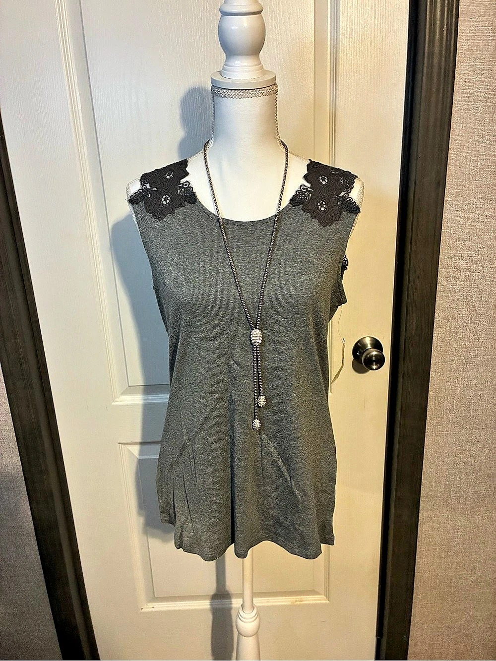 Coldwater Creek Lace Strap Tank Dress Lace Shoulder Mini Dress in Gray & Black